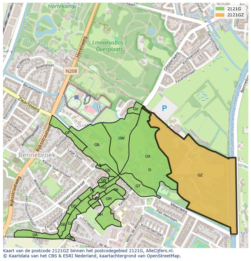 Afbeelding van het postcodegebied 2121 GZ op de kaart.