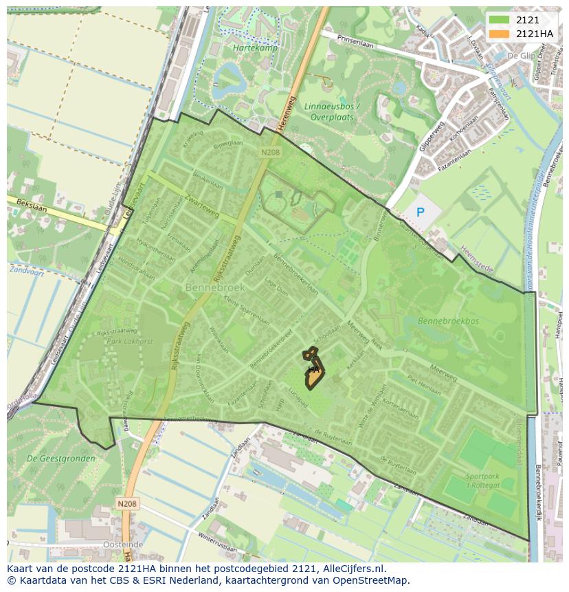 Afbeelding van het postcodegebied 2121 HA op de kaart.