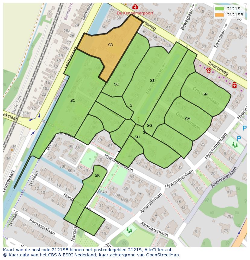 Afbeelding van het postcodegebied 2121 SB op de kaart.