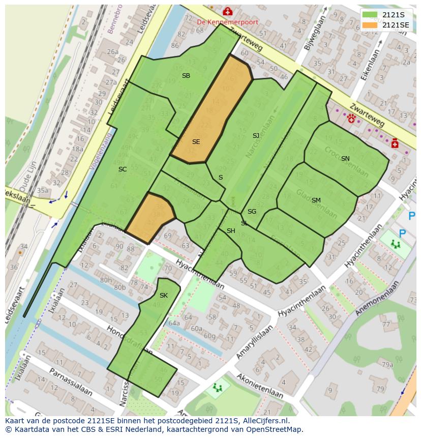 Afbeelding van het postcodegebied 2121 SE op de kaart.
