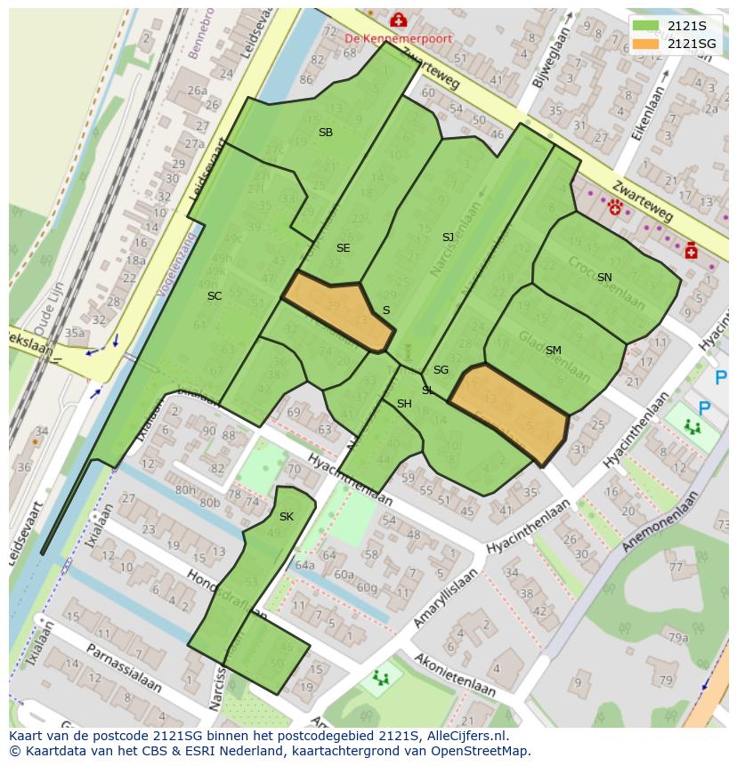 Afbeelding van het postcodegebied 2121 SG op de kaart.