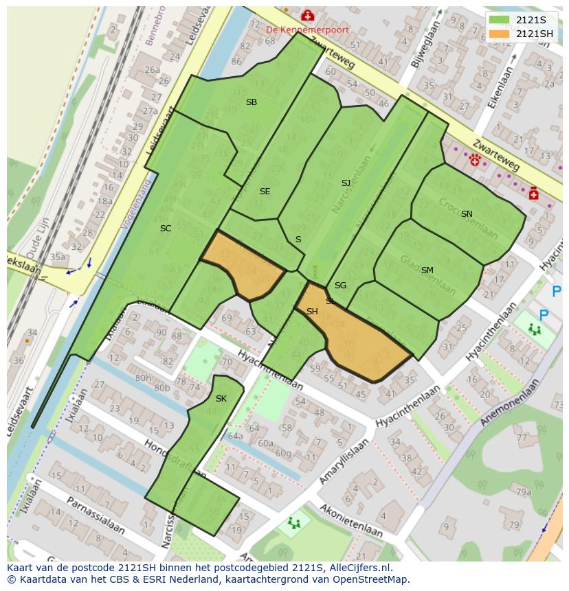 Afbeelding van het postcodegebied 2121 SH op de kaart.