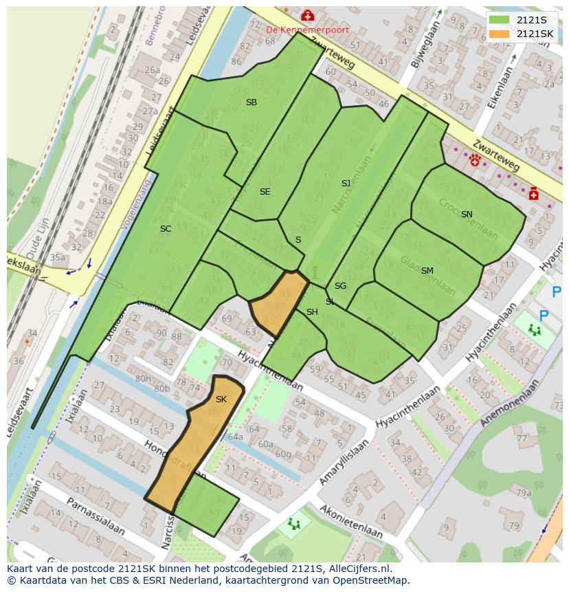 Afbeelding van het postcodegebied 2121 SK op de kaart.