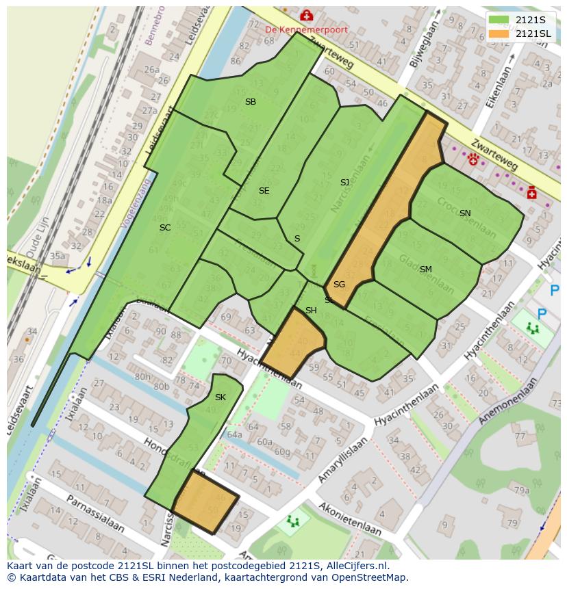 Afbeelding van het postcodegebied 2121 SL op de kaart.