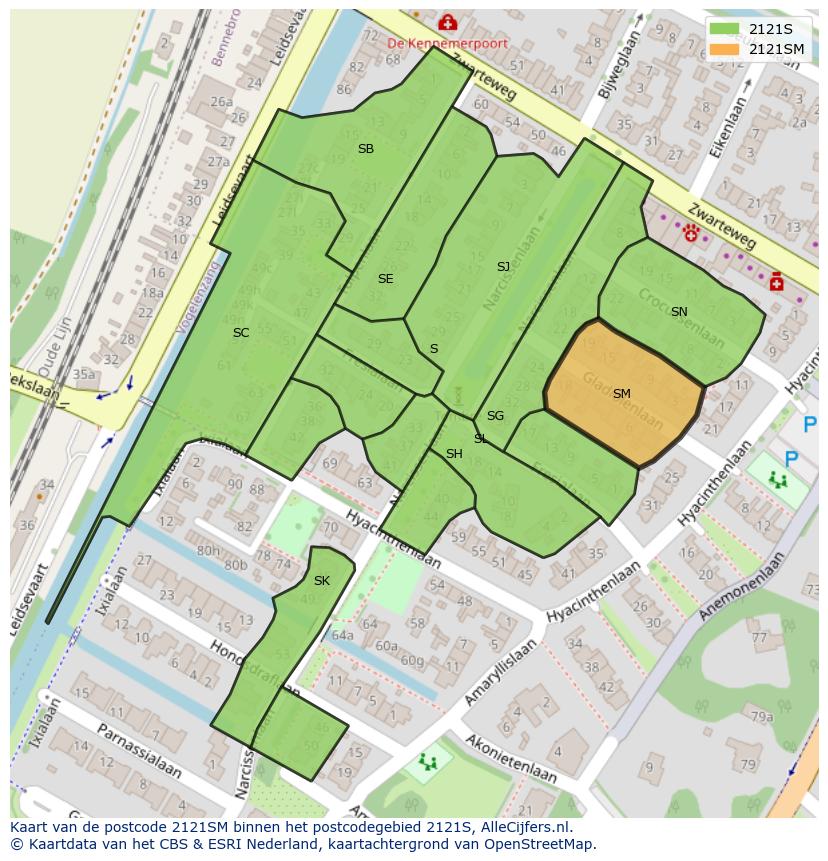 Afbeelding van het postcodegebied 2121 SM op de kaart.