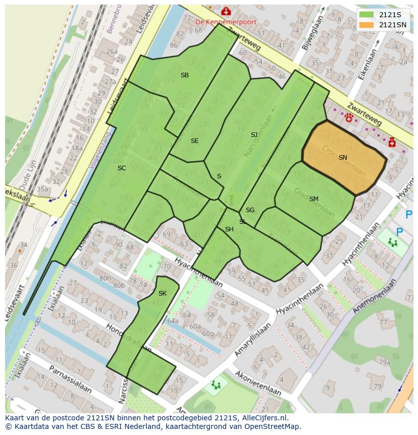 Afbeelding van het postcodegebied 2121 SN op de kaart.