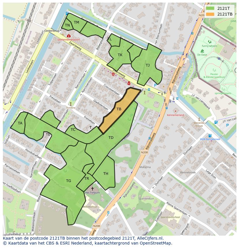 Afbeelding van het postcodegebied 2121 TB op de kaart.
