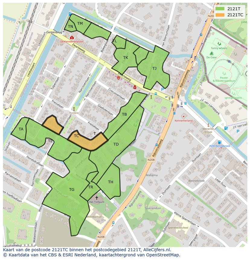 Afbeelding van het postcodegebied 2121 TC op de kaart.