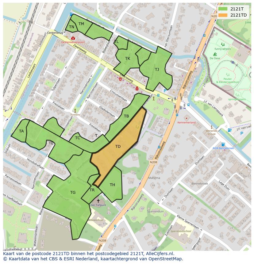 Afbeelding van het postcodegebied 2121 TD op de kaart.