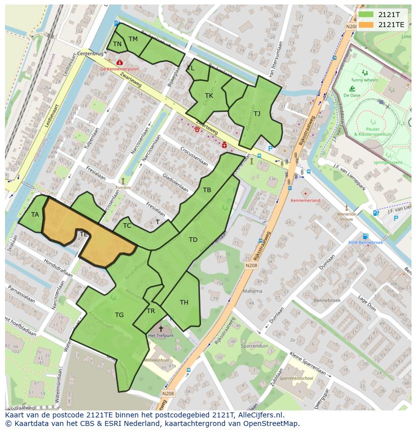Afbeelding van het postcodegebied 2121 TE op de kaart.