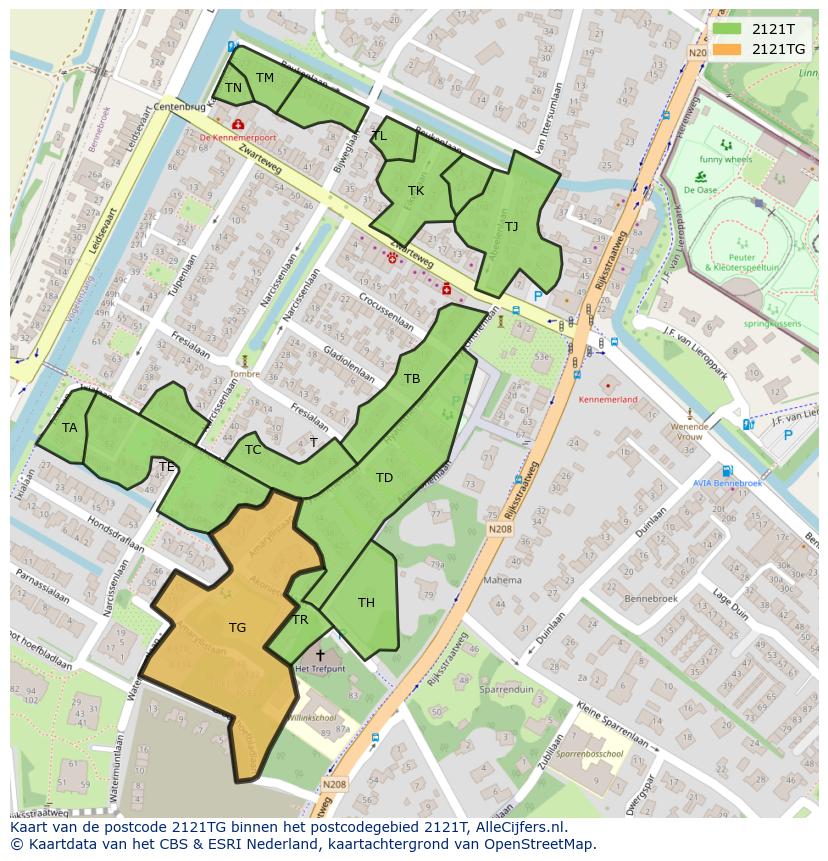 Afbeelding van het postcodegebied 2121 TG op de kaart.