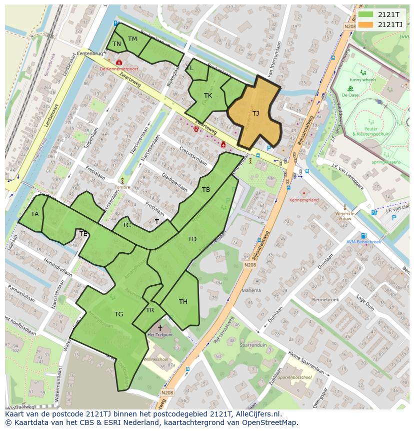 Afbeelding van het postcodegebied 2121 TJ op de kaart.