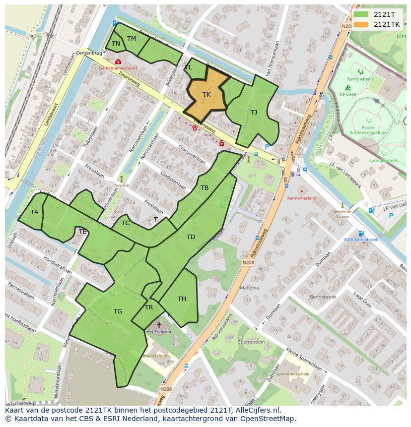 Afbeelding van het postcodegebied 2121 TK op de kaart.