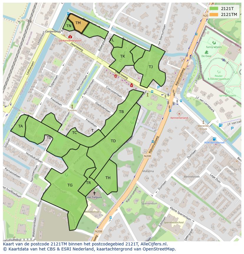 Afbeelding van het postcodegebied 2121 TM op de kaart.