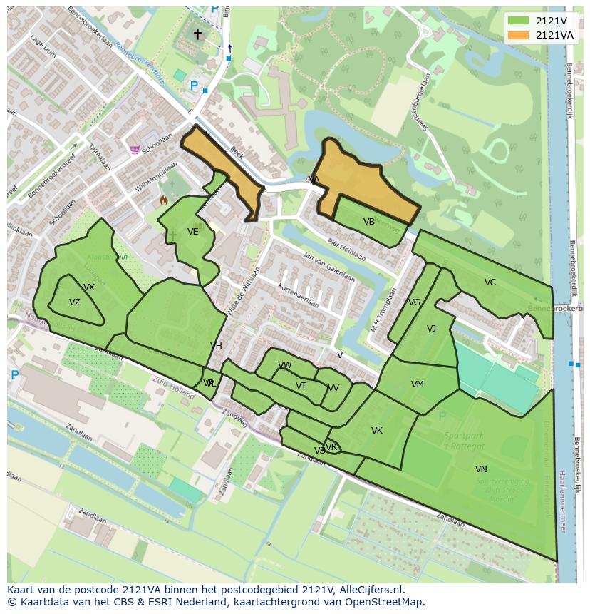 Afbeelding van het postcodegebied 2121 VA op de kaart.