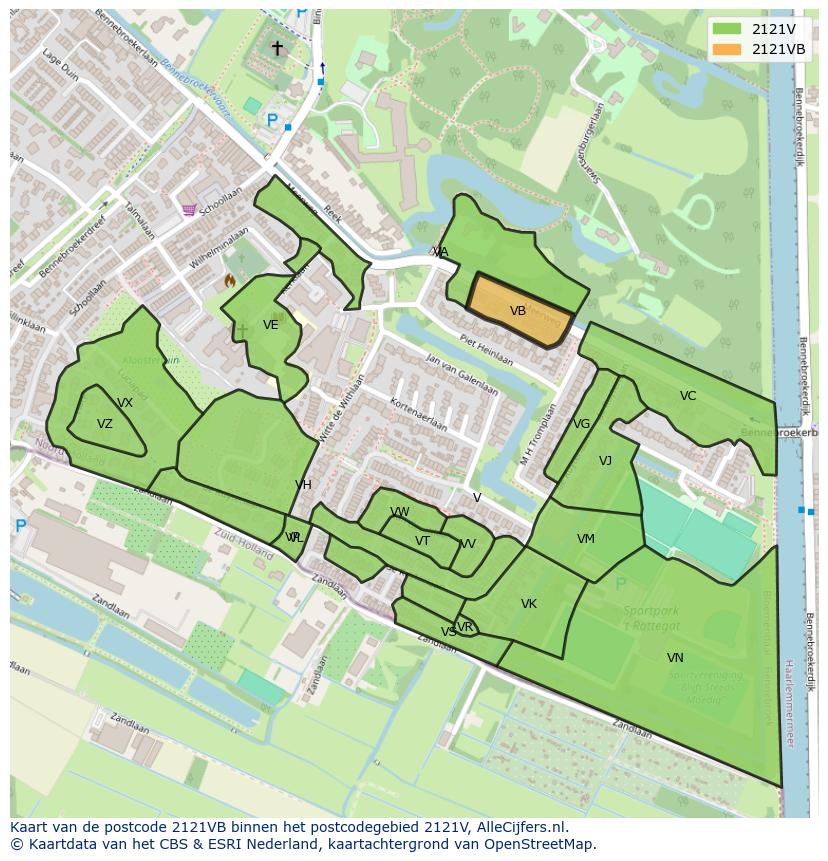 Afbeelding van het postcodegebied 2121 VB op de kaart.