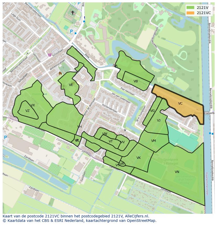 Afbeelding van het postcodegebied 2121 VC op de kaart.