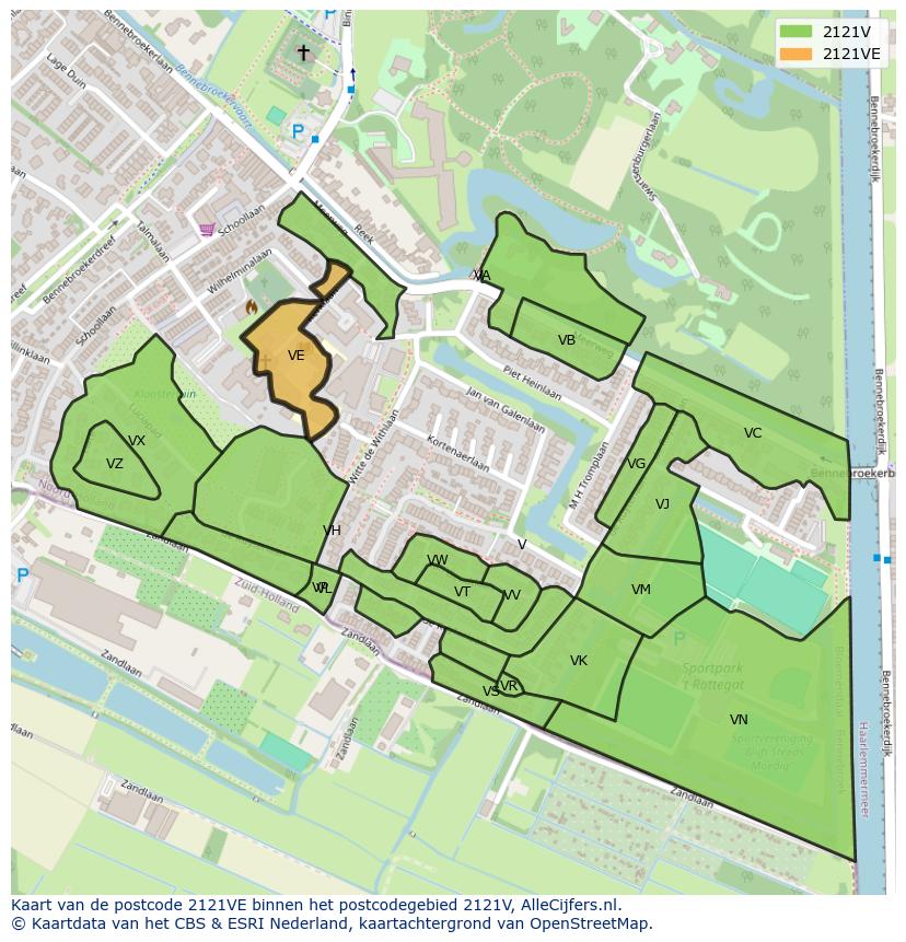 Afbeelding van het postcodegebied 2121 VE op de kaart.