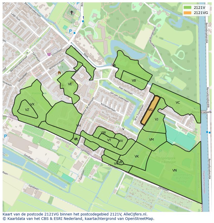 Afbeelding van het postcodegebied 2121 VG op de kaart.