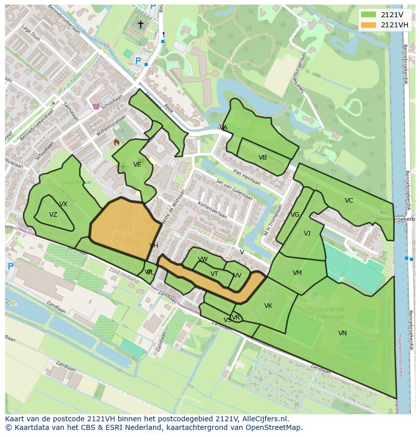 Afbeelding van het postcodegebied 2121 VH op de kaart.