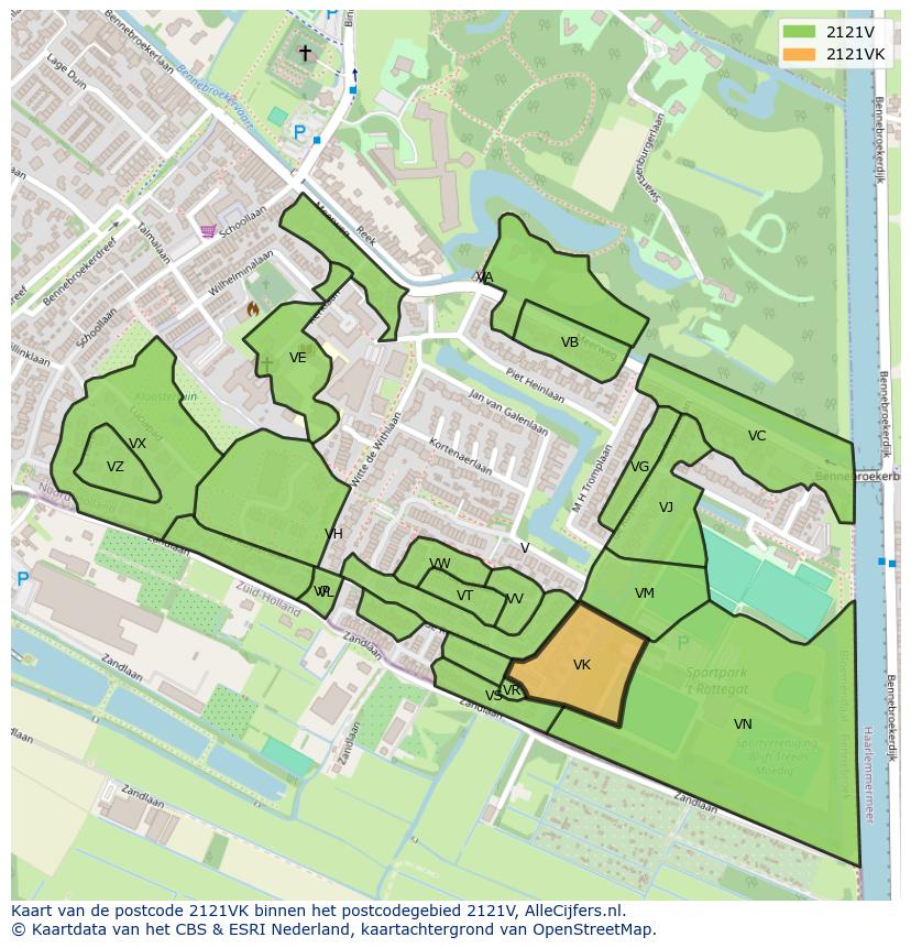 Afbeelding van het postcodegebied 2121 VK op de kaart.