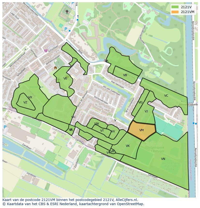 Afbeelding van het postcodegebied 2121 VM op de kaart.