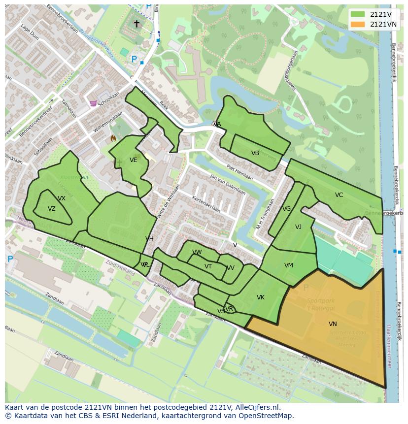 Afbeelding van het postcodegebied 2121 VN op de kaart.