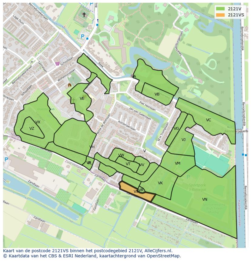 Afbeelding van het postcodegebied 2121 VS op de kaart.