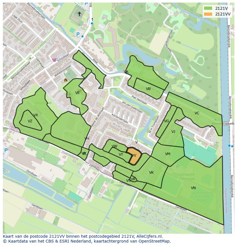 Afbeelding van het postcodegebied 2121 VV op de kaart.