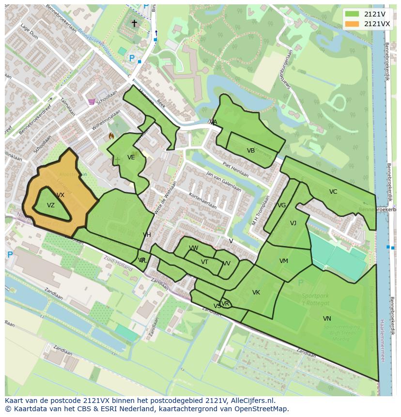 Afbeelding van het postcodegebied 2121 VX op de kaart.