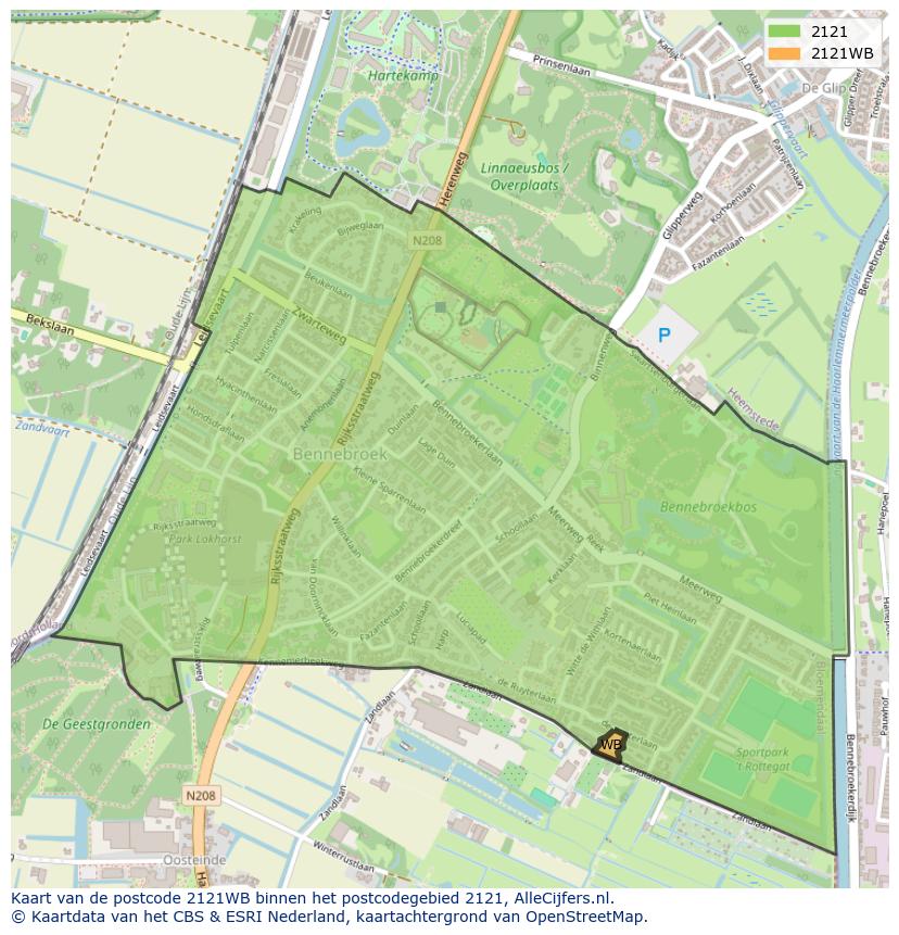 Afbeelding van het postcodegebied 2121 WB op de kaart.