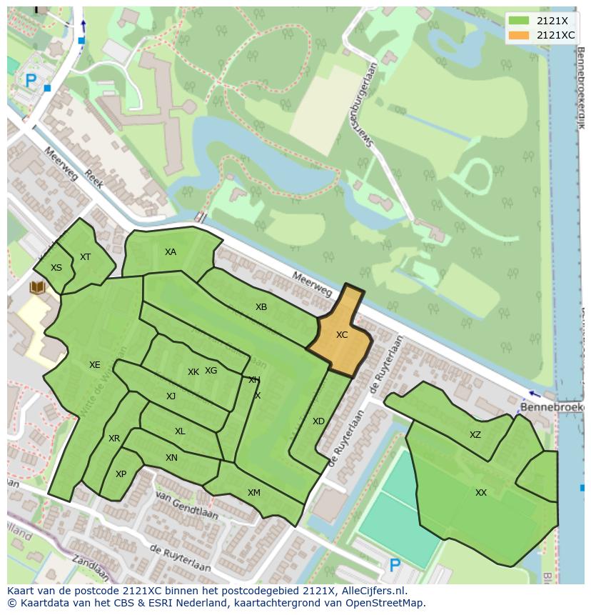 Afbeelding van het postcodegebied 2121 XC op de kaart.