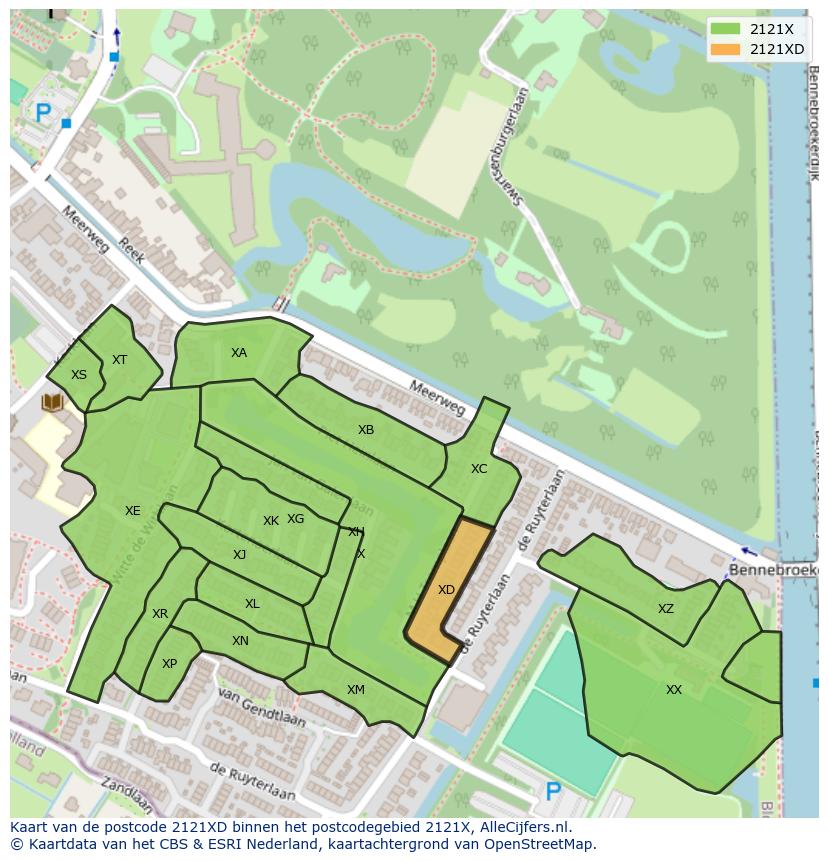 Afbeelding van het postcodegebied 2121 XD op de kaart.