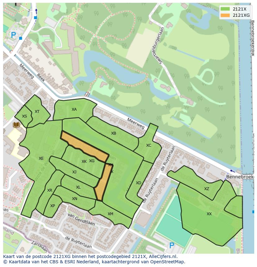 Afbeelding van het postcodegebied 2121 XG op de kaart.