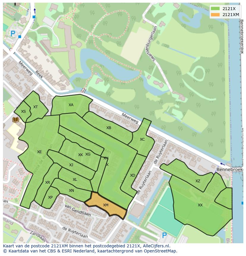 Afbeelding van het postcodegebied 2121 XM op de kaart.