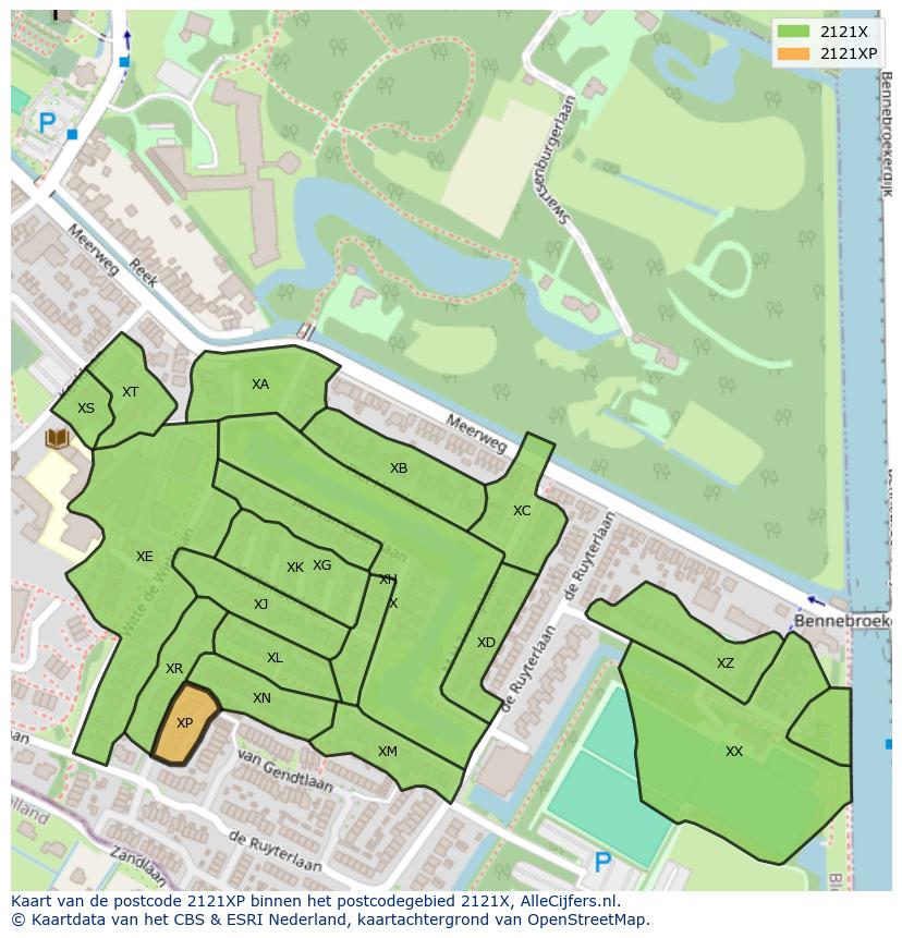 Afbeelding van het postcodegebied 2121 XP op de kaart.
