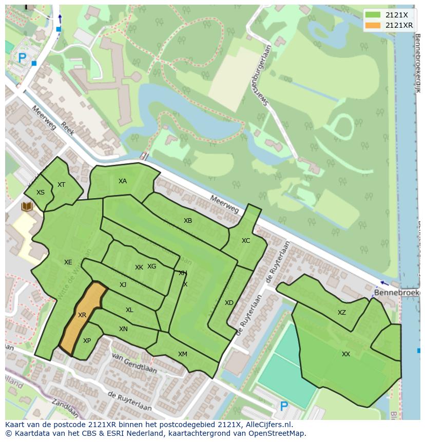 Afbeelding van het postcodegebied 2121 XR op de kaart.