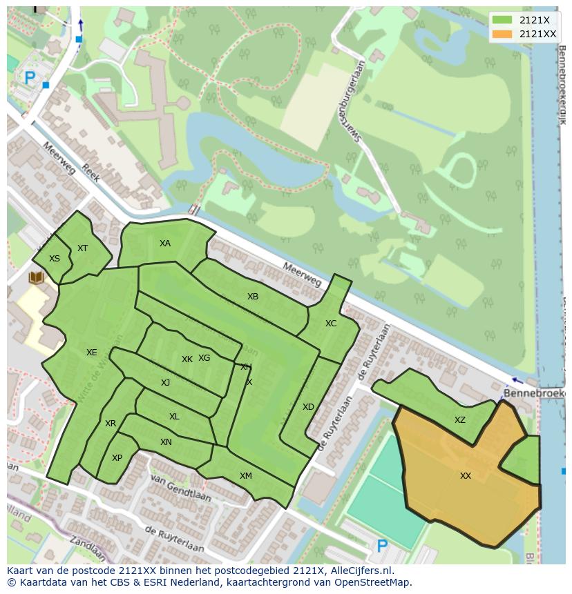 Afbeelding van het postcodegebied 2121 XX op de kaart.