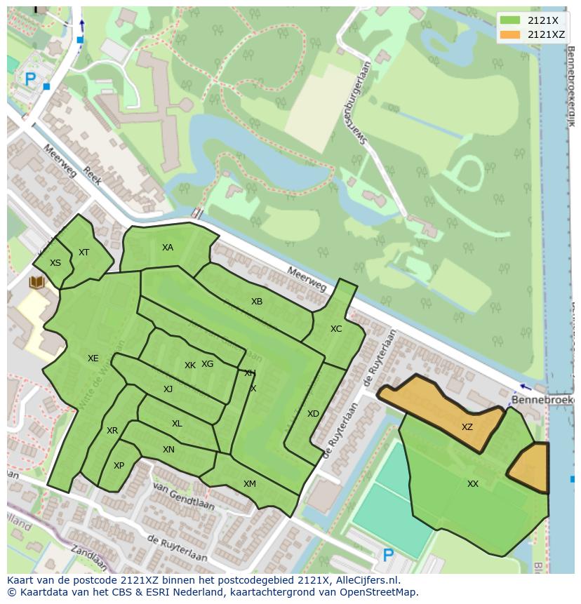 Afbeelding van het postcodegebied 2121 XZ op de kaart.