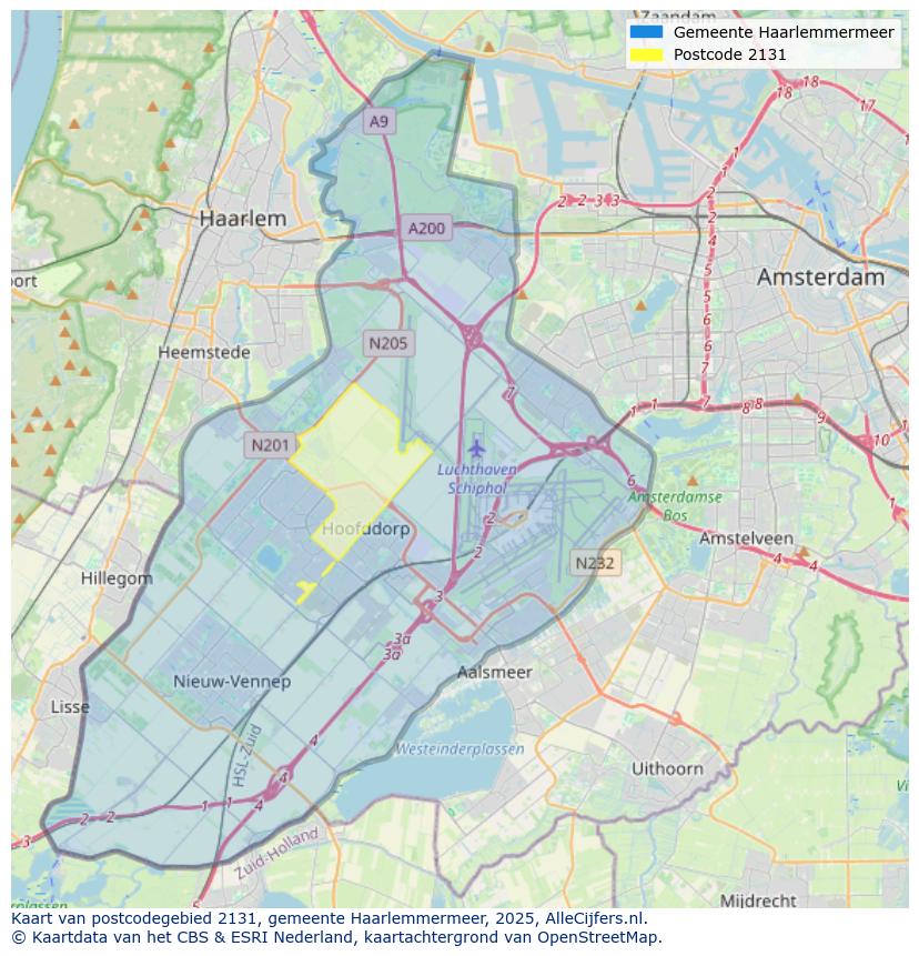 Afbeelding van het postcodegebied 2131 op de kaart.
