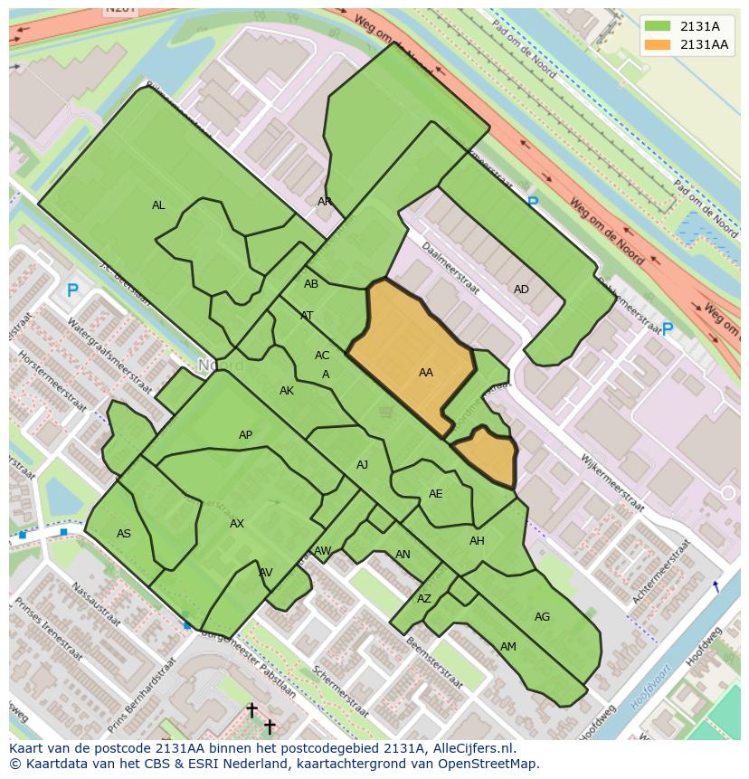 Afbeelding van het postcodegebied 2131 AA op de kaart.