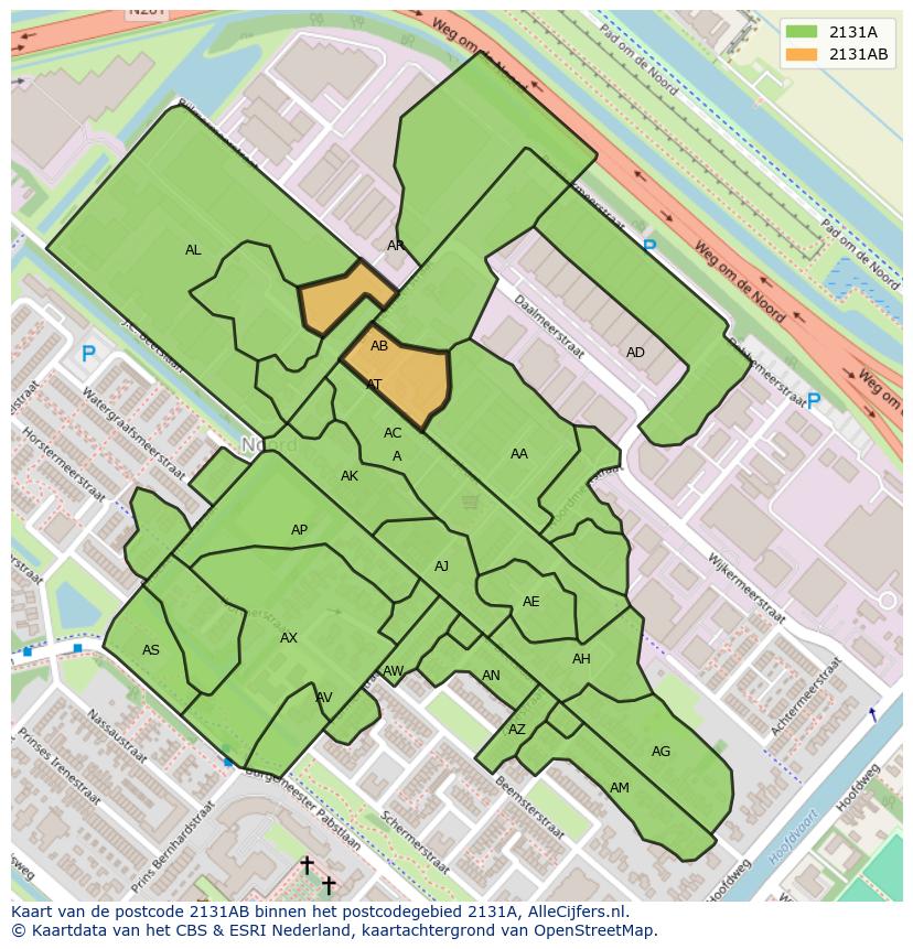 Afbeelding van het postcodegebied 2131 AB op de kaart.