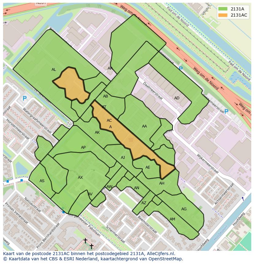 Afbeelding van het postcodegebied 2131 AC op de kaart.
