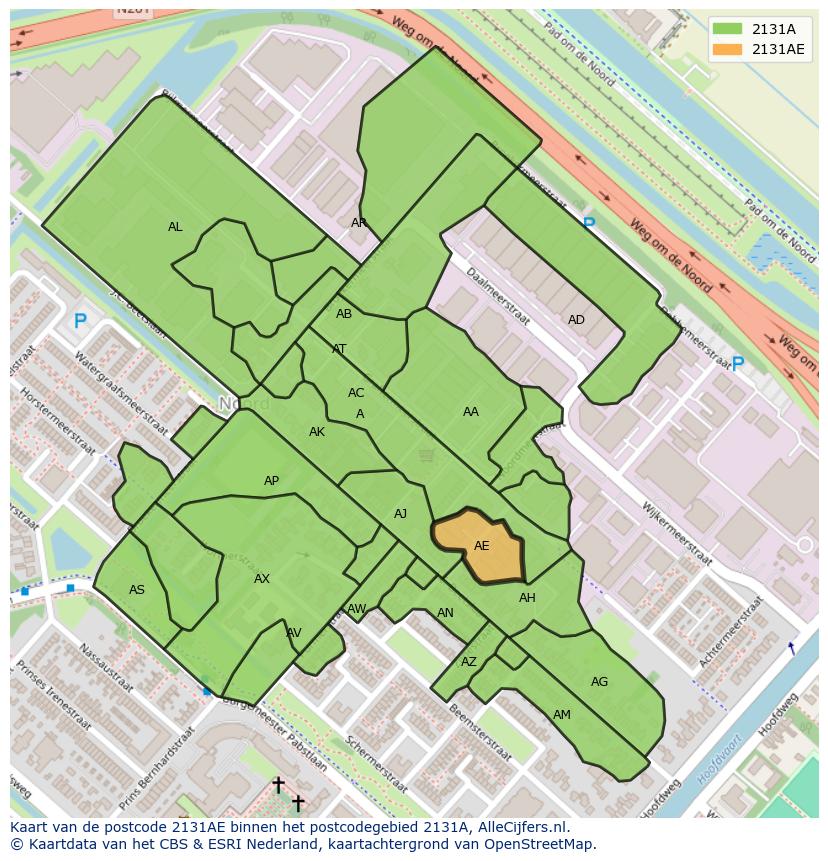 Afbeelding van het postcodegebied 2131 AE op de kaart.