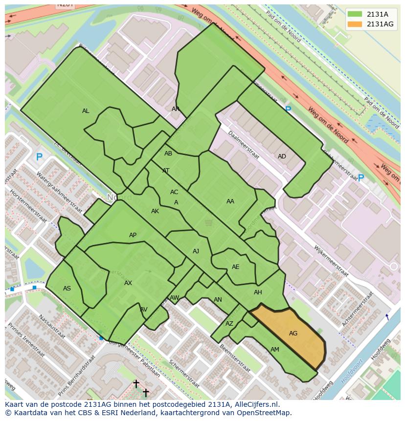 Afbeelding van het postcodegebied 2131 AG op de kaart.