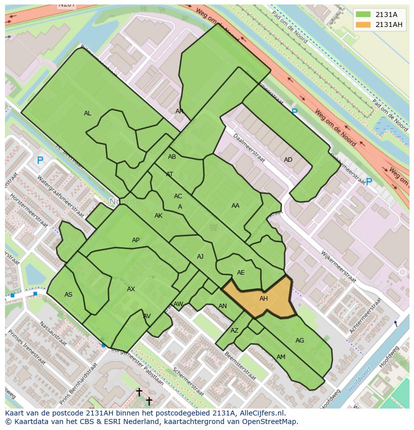 Afbeelding van het postcodegebied 2131 AH op de kaart.