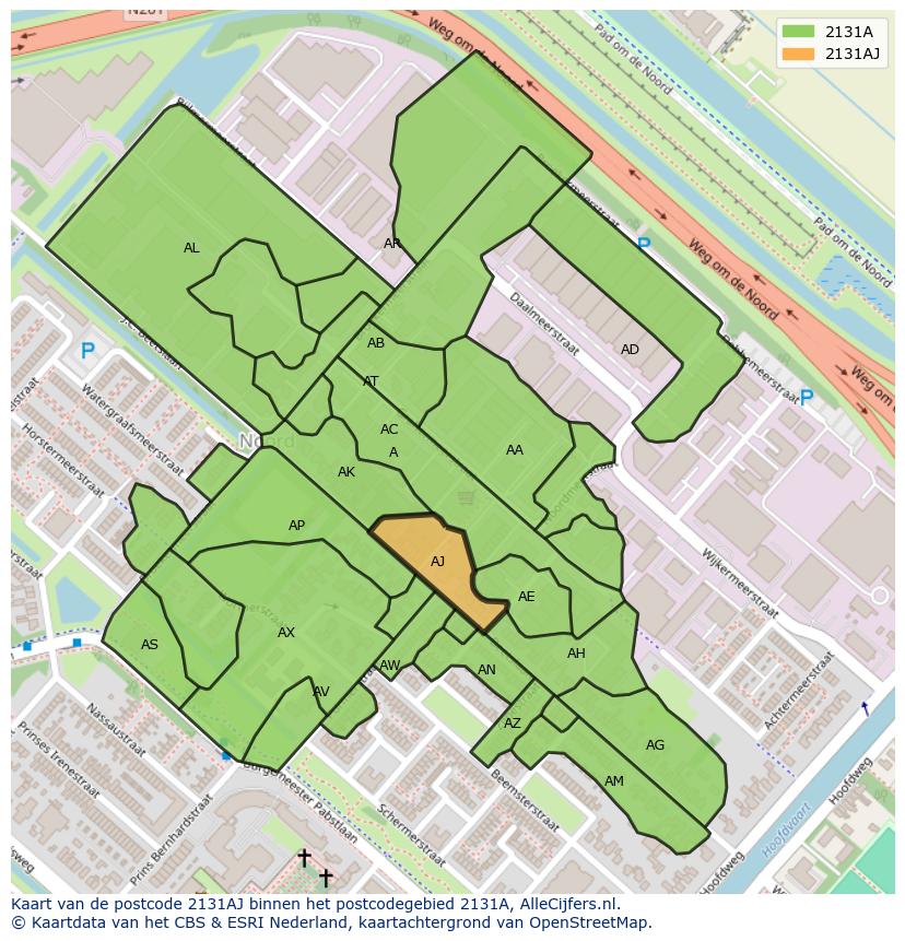 Afbeelding van het postcodegebied 2131 AJ op de kaart.