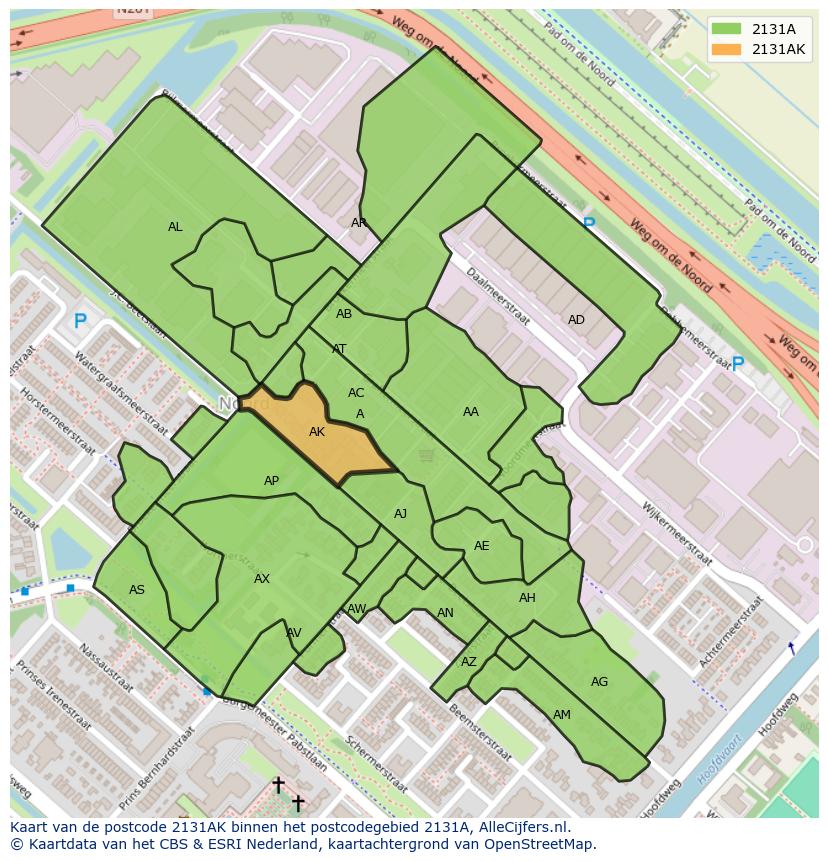 Afbeelding van het postcodegebied 2131 AK op de kaart.