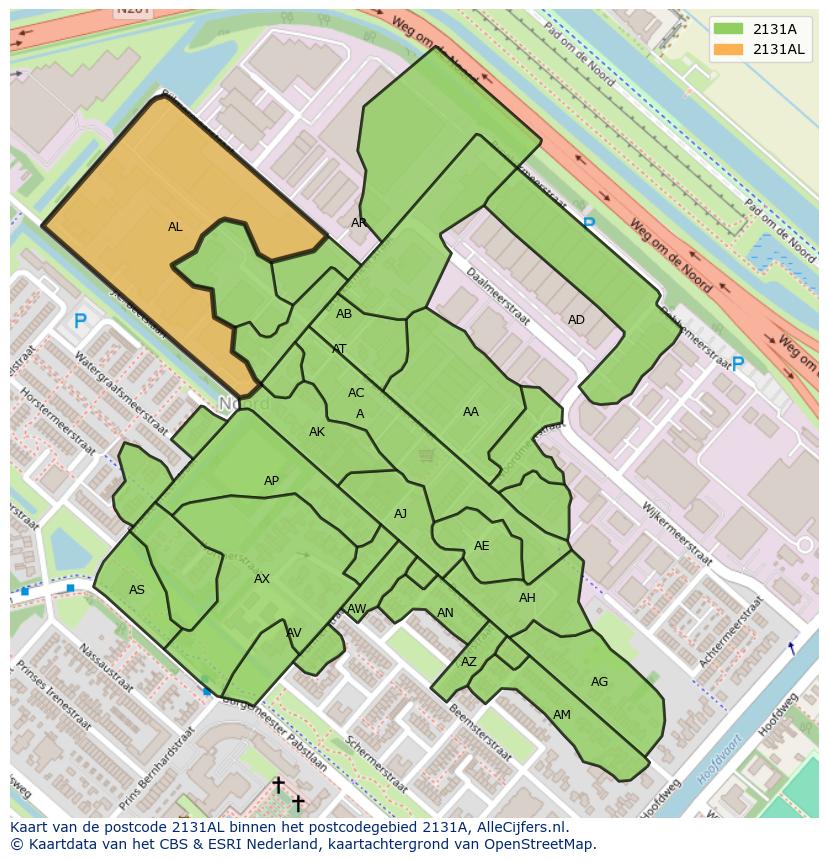 Afbeelding van het postcodegebied 2131 AL op de kaart.