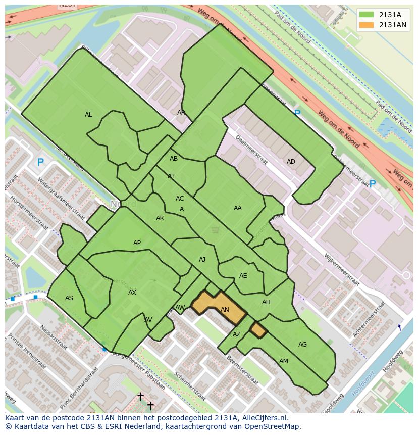Afbeelding van het postcodegebied 2131 AN op de kaart.